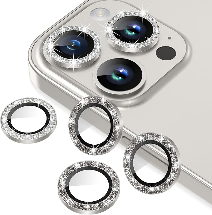 AGVEE 3+3 6 Pack for iPhone 15 Pro & Max Camera Lens Protector Cover | Individual Bling Diamond & Bling Glitter Sparkle Cute Gem Metal Ring, 9H Tempered HD Glass by AGVEE