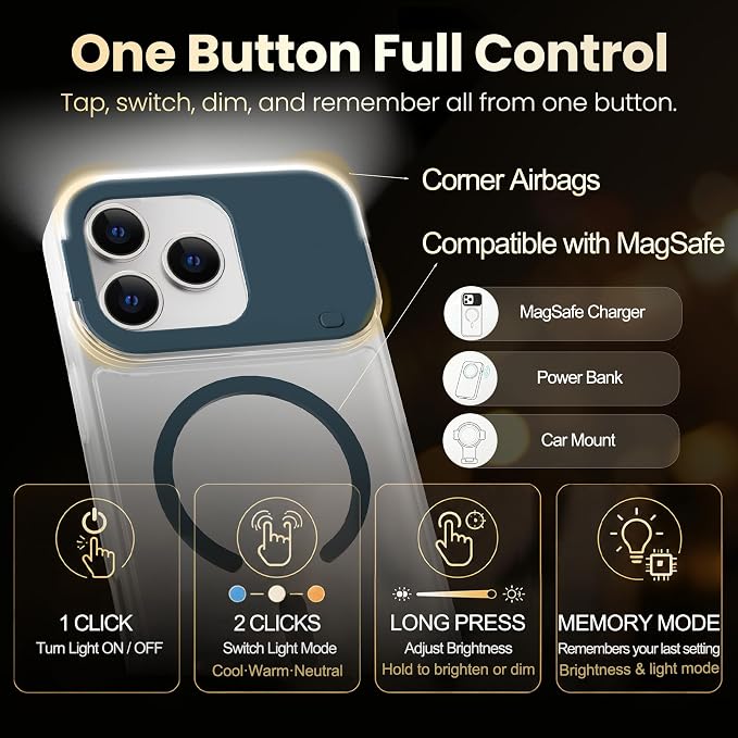 for iPhone 16 Case with Selfie Light, 3 Color Modes (Blue) | Compatible with MagSafe,Brightness Control, Memory Setting, USB-C Light Charging, Cable Included - Image 4