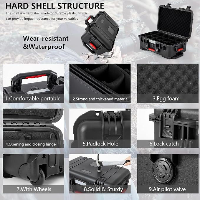 Relaxweex Rolling Camera Hard Case with 15 Padded Dividers & Wheels | Impact-resistant, Protective, Waterproof, Hard Shell Travel Case for Cameras, Lenses & Accessories, 22 x 14 x 9 Inch, Black - Image 3
