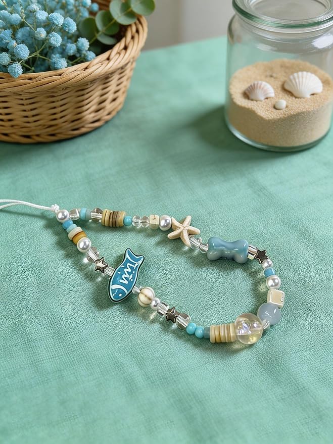 2 Pcs Phone Charm Strap Hand Wrist Strap Camera Lanyard Pearl Beaded Cute Chain String Accessories Universal for iPhone 17 Pro Max 16 15 for Samsung Women Girls Keychain Bag Blue Fish and Green Beads - Image 9