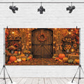 Rustic Barn Wooden Door Fall Backdrop 20x10ft Brick Wall Maple Leaf String Light Thanksgiving Background Pumpkin Sunflower Haystack Harvest Autumn Famliy Party Decorations Vinyl by Leowefowa