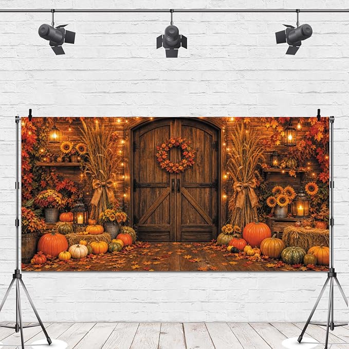 Rustic Barn Wooden Door Fall Backdrop 20x10ft Brick Wall Maple Leaf String Light Thanksgiving Background Pumpkin Sunflower Haystack Harvest Autumn Famliy Party Decorations Vinyl by Leowefowa