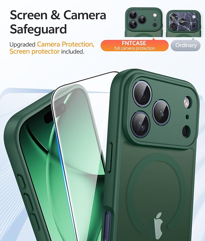 FNTCASE for iPhone 17 Pro Case, Fit for Magsafe, Screen Protector, Green | Full Camera Protection, Translucent Matte, 14FT Military Grade Drop Proof, Shockproof Protective Phone Cover - Image 4