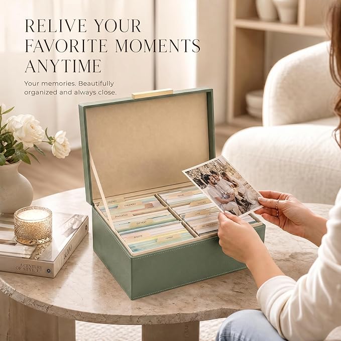 Decorative Photo Storage Box - PU Leather Organizer for 1200 4x6 Photos | Sturdy Scrapbook Storage Containers with Dividers and Lid - Portable Box Safely Stores Your Pictures - Image 5