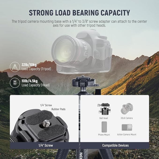 NEEWER LITETRIP LT34 62" Travel Tripod Carbon Fiber with Removable 360° Panorama Head, Center Axis, Fast Flip Buckle, Arca QR Plate Compatible with PD, Max Load 22lb/10kg - Image 6