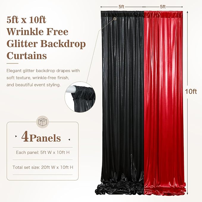 20ft x 10ft Red Black Sequin Backdrop Curtain for Parties, Wrinkle Free Glitter Photo Backdrop Drapes 4 Panels 5x10ft Back Drop Cloth for Wedding Photography Background - Image 6