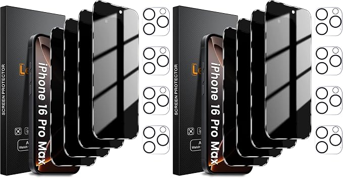 Lesakit 4+8 Pack Privacy Screen Protector for iPhone 16 Pro Max 6.9-Inch with 8 Pack Camera Lens Protector, Anti Spy Tempered Glass Film 9H Hardness Case Friendly by Lesakit