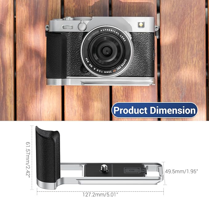 JJC Metal Hand Grip L-Bracket & Shutter Button for Fuji X-E5 Camera, Silver | Silicone Handgrip Cover, Anti-Slip Pads with SD Card Holder, Arca Swiss Quick Release Plate & 1/4"-20 Tripod Hole - Image 6