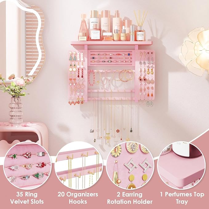 Emfogo Jewelry Organizer Hanging Wall Mounted Jewelry Holder, 5-in-1 Large Capacity Wood Necklace Organizer Wall Display for Ring, Necklaces, Bracelets, Earrings (Pink) - Image 2
