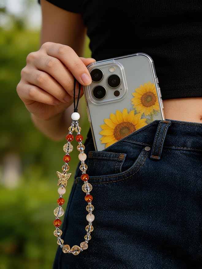 Cell Phone Charm Beaded Phone Wrist Strap Warm Tone Crystal Aesthetic Handmade Anti-Lost Chain Bracelet for iPhone Samsung All Smartphones Boho Fall Wristlet Women Girls Vintage Amber Gold Butterfly - Image 2