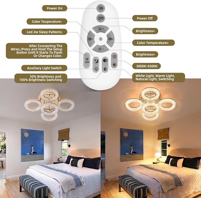 Modern Ceiling Light, 5 Rings 16.9'' Dimmable LED 49W Flush Mount Ceiling Lights with Remote Acrylic Crystal Round Ceiling Light Fixture, Bedroom Living Room Dining Room, Gold - Image 8