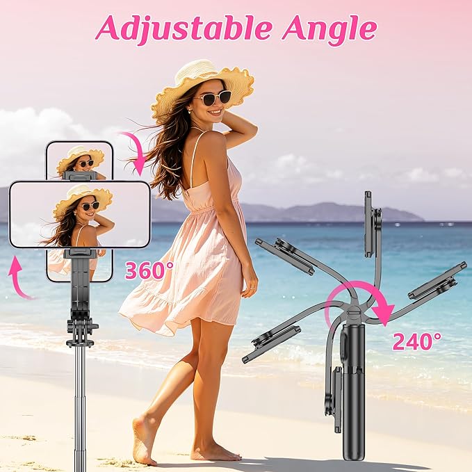 Selfie Stick Tripod with Fill Light, All in One Extendable Selfie Stick with Detachable Wireless Remote, Flexible Phone Tripod Stand Compatible with iPhone/Galaxy, Compact Size & Lightweight - Image 4