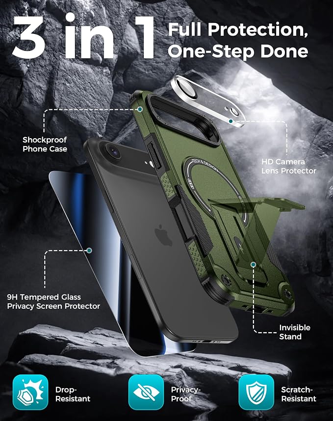 Goton 3 in 1 for iPhone Air Case with Privacy Screen Protector Green | Glass Camera Lens Protector,Compatible for MagSafe,Invisible Kickstand, Shockproof Phone Cover for iPhone 17air - Image 3