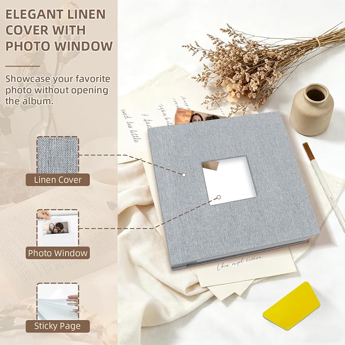 Popotop Photo Album Self Adhesive with Picture Display Window,40 Pages DIY Scrapbooking Supplies Kit for 4x6 10x12 Picture,Linen Cover Memory Book for Baby Wedding, with Scraper and Metallic Pen - Image 3