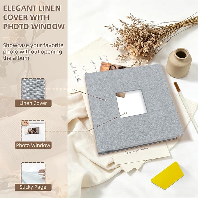 Popotop Photo Album Self Adhesive with Picture Display Window,60 Pages DIY Scrapbooking Supplies Kit for 4x6 10x12 Picture,Linen Cover Memory Book for Baby Wedding, with Scraper and Metallic Pen - Image 3