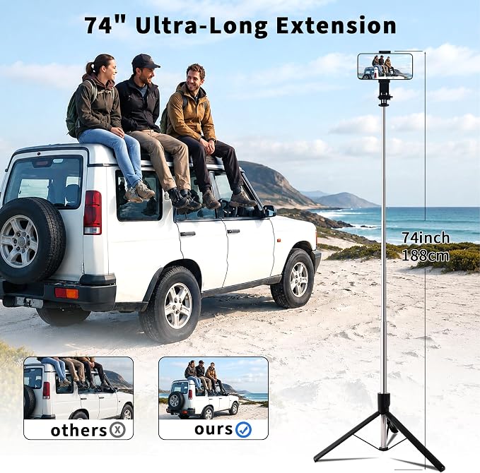 74" Selfie Stick Phone Tripod for iPhone Android Pockte3/4 Insta360 Camera | Extendable Cell Phone Tripod w Wireless Remote, 360° Rotatable Portable Travel Tripod Stand for Video Recording & Vlogging - Image 3