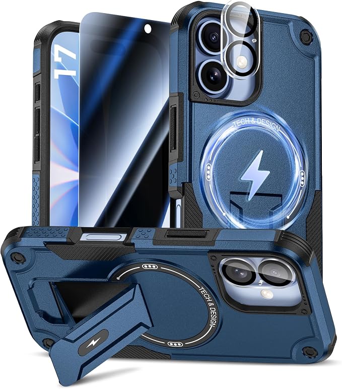 Goton 3 in 1 for iPhone 17 Case with Privacy Screen Protector Blue | Glass Camera Lens Protector,Compatible for MagSafe,Invisible Kickstand, Shockproof Phone Cover for iPhone17 by Goton