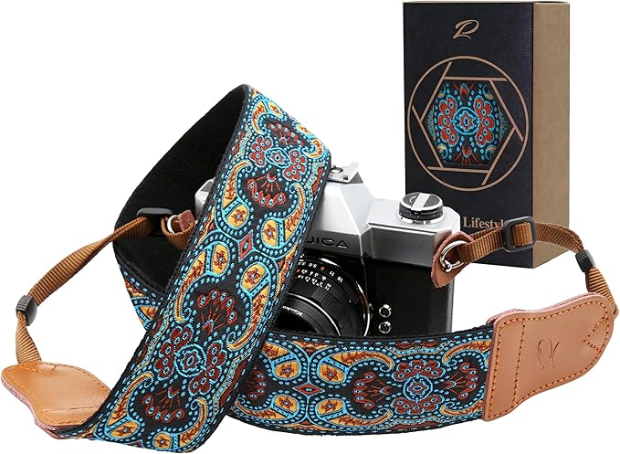 Padwa Lifestyle Mystic Blue Camera Strap - Double Layer Cowhide Ends,2" Pure Cotton Embroidered Woven Camera Straps,Universal Neck&Shoulder Strap Adjustable for All DSLR Cameras,Gift for Photographers by PadwaLifestyleCameraStrap