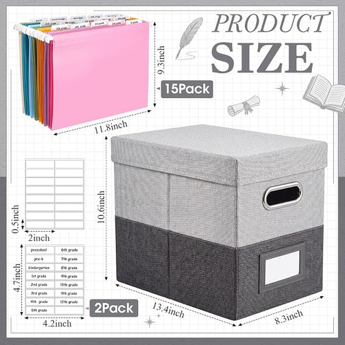 1 Set School Memory Box Organizer, School Keepsake Organizer K-12,Grey | with 15 Hanging File Folders, 4 Labels, 3 Sticker, Mesh-Pocket Lid, for Letter/A4, Report Cards, Photos, Awards, File Keeper - Image 2