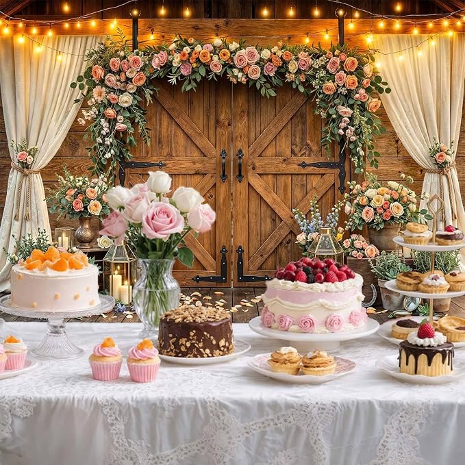 5x3ft Western Wedding Backdrop Rustic Barn Door Photography Backdrop Farmhouse Pink Flower Cabin Wooden Birthday Baby Shower Country Anniversary Bridal Party Banner Photo Booth Props Background - Image 4
