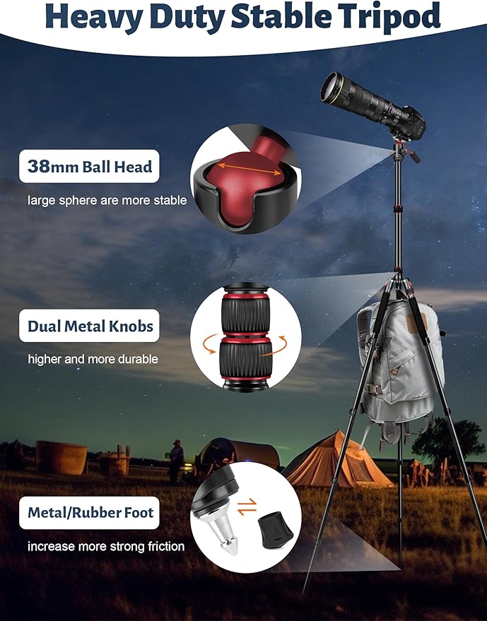83" Camera Tripod, Aluminum Tripod Monopod for DSLR Phone | Heavy Duty Travel Tripod for Spotting Scope Binoculars Telescope Camcorder, 360° Ball Head, Max Load 35Lb - Image 2