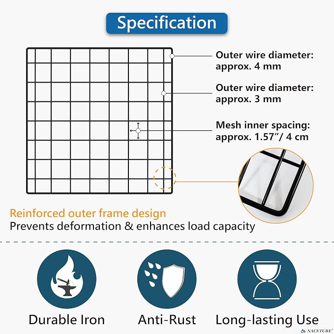 NACETURE Heavy Duty Grid Wall Panels, 12 x 12 Inch, Black, 2 Pack | Double-wire reinforced design supports up to 30 lbs and includes hooks and accessories for versatile wall displays. - Image 4