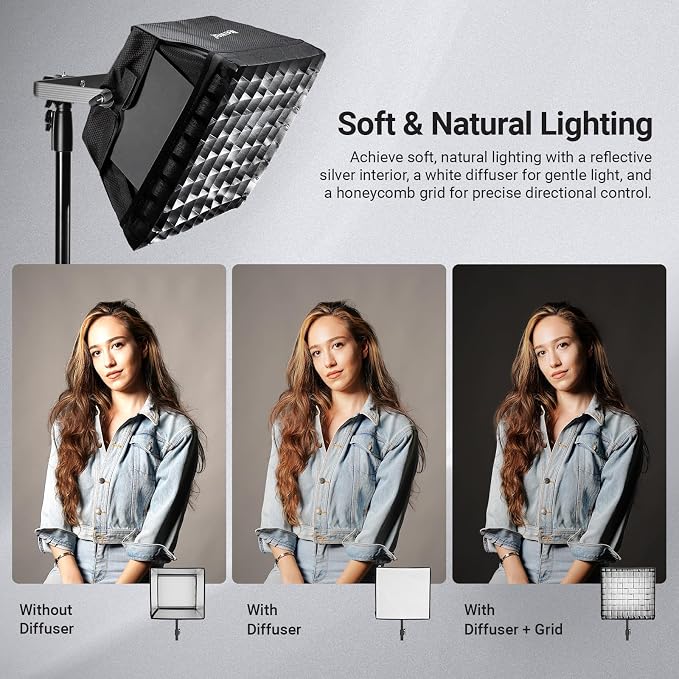 NEEWER Upgraded Softbox Diffuser Only for NEEWER RGB1200 Video Light, 14.6"x13.6"/37x34.5cm Foldable Soft Box with Grid/Bag/Blackout Hood, Quick Set Up for Portrait Studio Photography Lighting, NS5S - Image 4