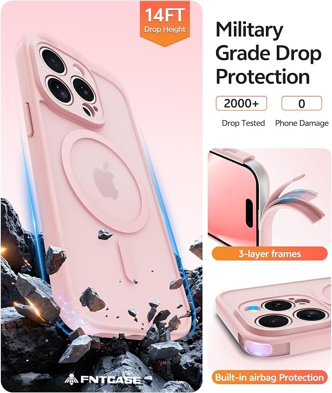 FNTCASE for iPhone 14 Pro Case, Compatible with Magsafe, Screen Protector | Full Camera Protection, Translucent Matte, 14FT Military Grade Drop Proof, Shockproof Protective Phone Cover, Light Pink - Image 6