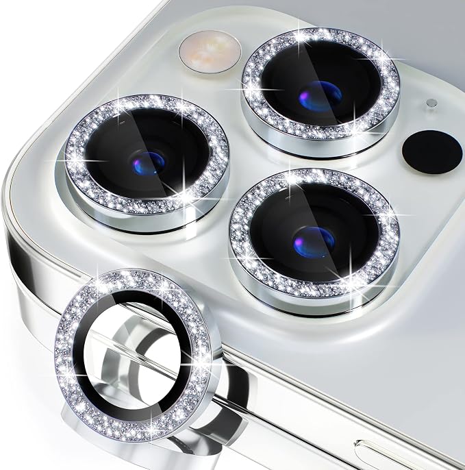 Misea Compatible for iPhone 14 Pro/iPhone 14 Pro Max Camera Lens Protector | 9H Tempered Glass Ultra HD Bling Camera Screen Protector Cover Metal Individual Ring Decoration Accessories, Silver Glitter by Misea
