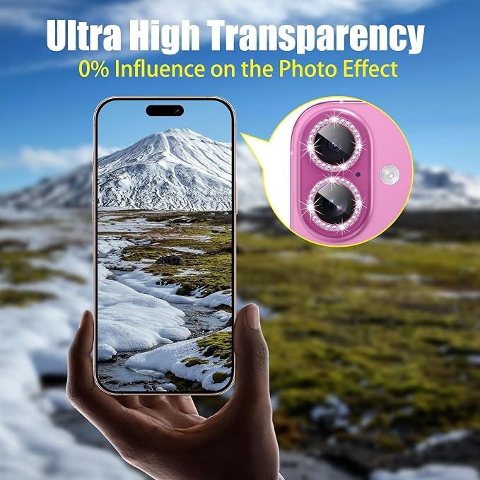 AGVEE 3+3 6 Pack for iPhone 16/16 Plus Camera Lens Protector Cover | Individual Bling Diamond & Bling Glitter Sparkle Cute Gem Metal Ring, 9H Tempered HD Glass - Image 6