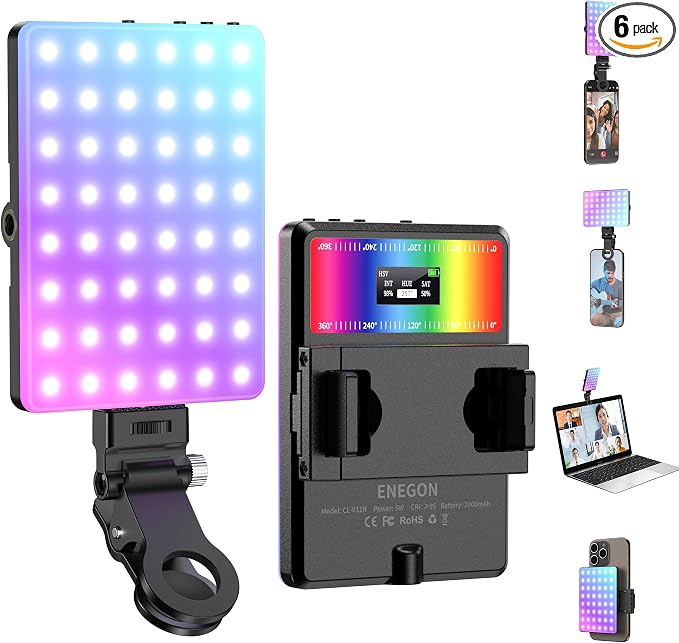 ENEGON RGB Selfie Light, 360° Full Color RGB Video Light with 24 Effects, 78 LED 2000mAh Rechargeable CRI 95+ and 2500K-9000K CCT, Portable Clip on Light for Phone/Tablet/Laptop/Streaming by ENEGON