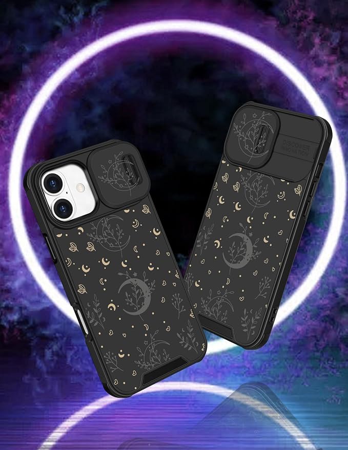 for iPhone 16 Plus Case - Women Cute Phone Cover Girly Pretty Fancy Unique Aesthetic Design Slide Camera Cover Protective Case for Apple for iPhone 16 Plus,Black Moon Stars - Image 4
