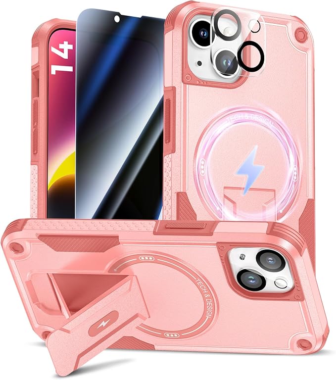 Goton 3 in 1 for iPhone 14 Case with Privacy Screen Protector Pink | Glass Camera Lens Protector,Compatible for MagSafe,Invisible Kickstand, Shockproof Phone Cover for iPhone14 by Goton