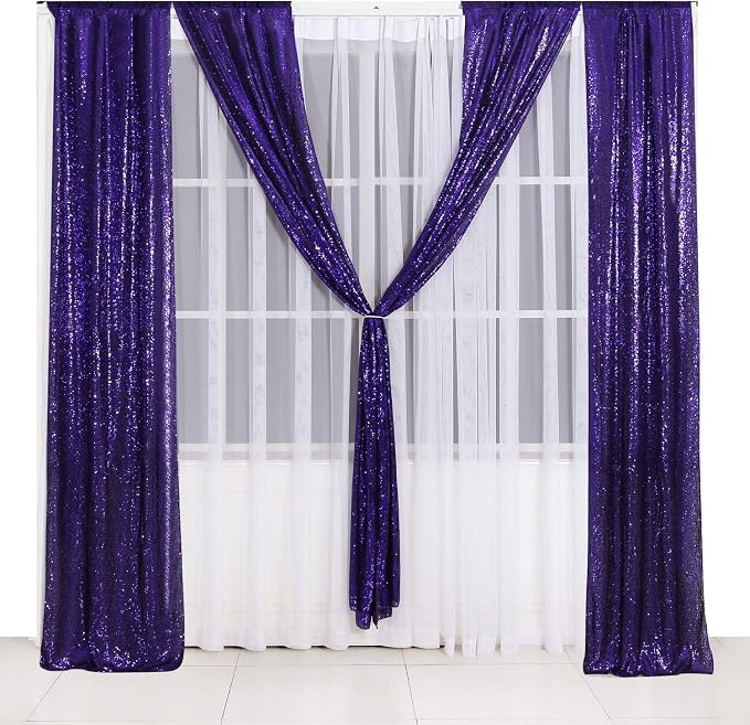 Poise3EHome 2ft x 8ft Purple Sequin Photography Backdrop Curtain 2 Panels for Halloween Party Decoration - Image 4
