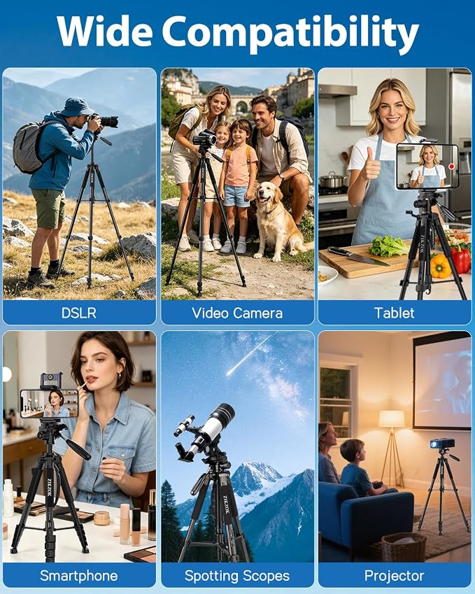 75" Camera Tripod, Aluminum Heavy Duty Camera Stand for ipad Phone, Travel Tripod with/Carry Bag/Phone Tablet Holder, Compatible with Canon Nikon Sony DSLR, Spotting Scopes, Max Load 15 Lb(Black) - Image 2