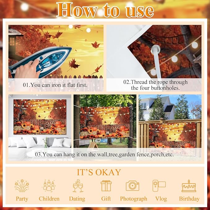 Fall Banner 12x8ft Polyester Harvest Hay Farm Pumpkin Patch Backdrop Sunflower Maple Photo Backdrops Thanksgiving Banner Decorations for Party - Image 3
