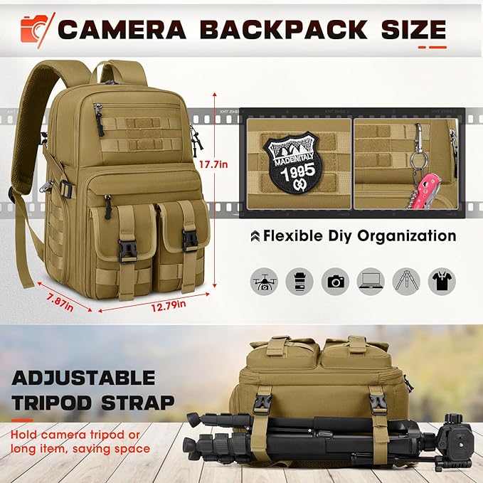 RAINSMORE Camera Backpack, DSLR/SLR/Mirrorless Camera Bag for Photographers | 15.6 Inch, Waterproof Tactical Photography Backpack Case, with Rain Cover & Tripod Holder - Image 5