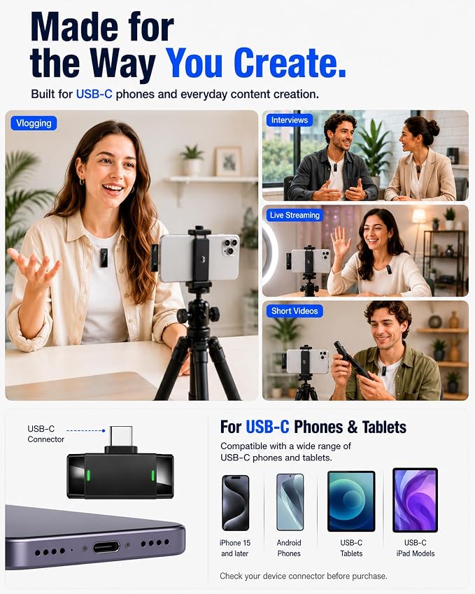 Wireless Lavalier Microphone for iPhone/Samsung/Android, 2 Mics, USB-C Port | 2 Clip-On Mics with Noise Reduction, 34h Using Time with Charging Case, 48kHz Audio 66ft Range for Video Recording USB C - Image 8