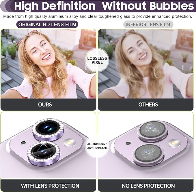 Suoman for iPhone 14 6.1 inch / 14 Plus 6.7 inch Camera Lens Protector, 9H Tempered Glass Film, [Does not Affect Night Shots] Metal Frosted Diamonds Independent Protective Cover- Diamond Purple - Image 5