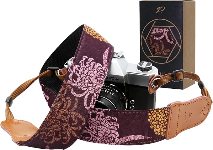 Padwa Lifestyle Camera Strap - 2" Cowhide Leather Head Cotton Camera Straps for Photographers,Vintage Print Purple Daisy Japanese Art Neck & Shoulder Adjustable Strap for DSLR SLR Mirrorless Cameras by PadwaLifestyleCameraStrap