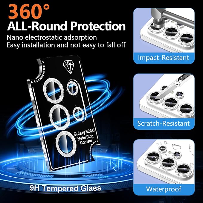 for Samsung Galaxy S26 Ultra Camera Lens Protector, Individual Metal Ring Tempered Glass Lens Cover, [Strong Adsorption] Scratch Resistant Ultra-Thin HD Clear Lens Cover,1 Set-Silvery Sparkly - Image 2