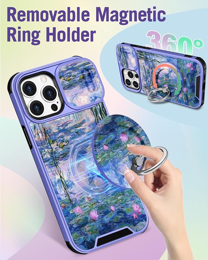 Buleens for iPhone 15 Pro Case 6.1 Inch - with Ring Stand & Camera Cover Aesthetic Cute Designed for Women Girls Girly Pretty Blue Water Lily for Phone Case for iPhone 15 Pro Compatible with Magsafe - Image 5