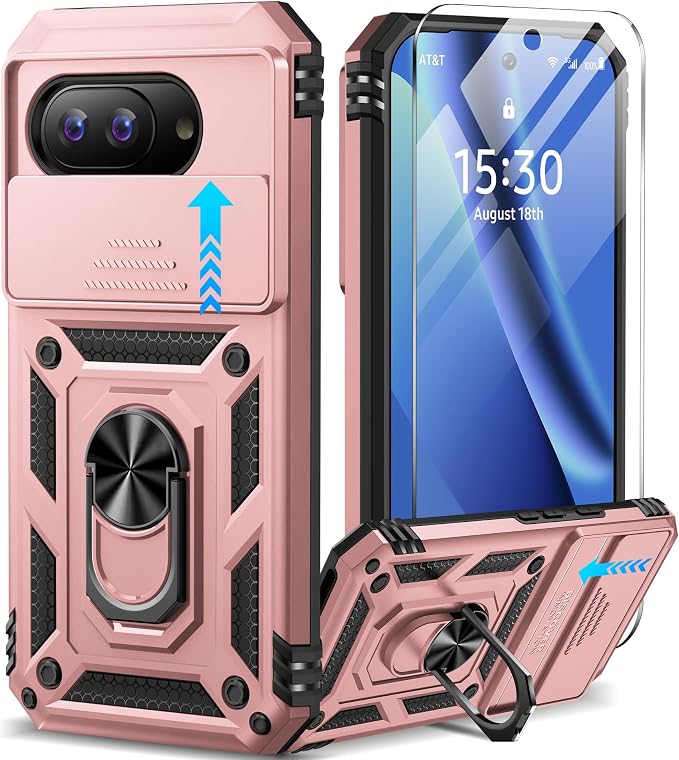 Taisairu for Google Pixel 10A Case with Screen Protector & Slide Camera Lens Cover,Built-in 360°Rotate Magnetic Ring Stand Shockproof Protective Phone Case for Google Pixel 10A Case (Rose Gold) by Taisairu