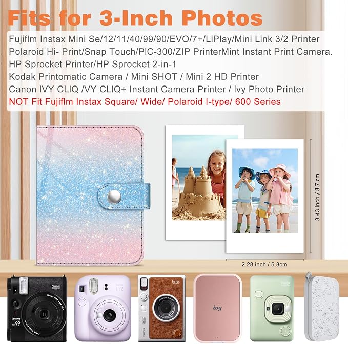 Fintie Mini Photos Album Book for 2x3 Inch Films - 52 Pockets Small Albums | For Fujifilm Instax Mini, Polaroid Hi-Print Pictures, Portable Kpop Photocard Holder, Travel Memory Book, Glitter Blue/Pink - Image 3