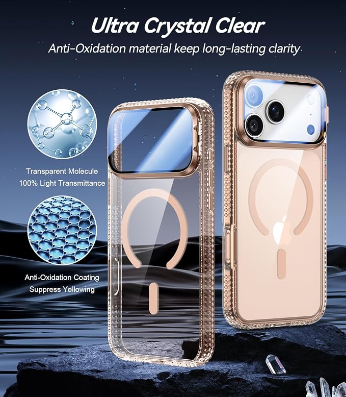 VOFATA [Upgraded Full Camera Protection] for iPhone 17 Pro Max Case with Camera Cover Stand [Fit for MagSafe][10FT Mil-Grade Protection] Transparent Magnetic iPhone 17 Pro Max Phone Case, Clear Gold - Image 2