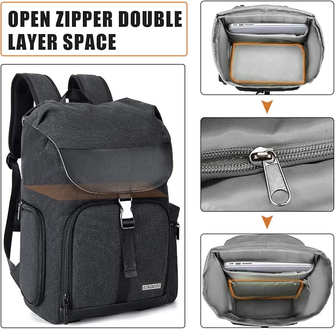 CADeN Camera Backpack Canvas Photography Bag for DSLR/SLR Mirrorless Camera | Large Capacity 15.6 In Laptop Compartment Tripod Strap Zipper Side Quick Access Water Resistant - Image 6
