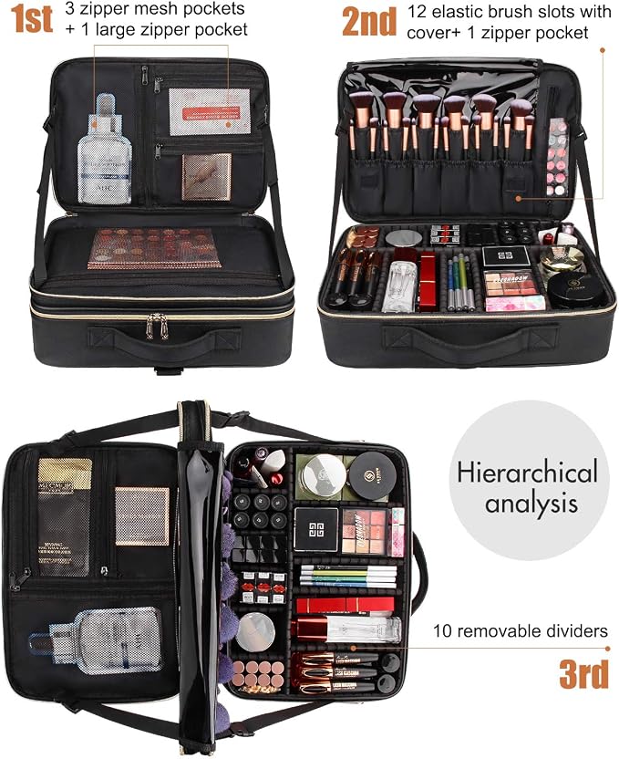 Relavel Makeup Case Large Makeup Bag Professional Train Case 16.5 inches Travel Cosmetic Organizer Brush Holder Waterproof Makeup Artist Storage Box, Large Capacity (Leather Black) - Image 2