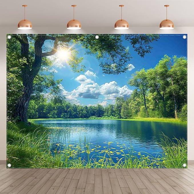 Fabric 8x6ft Lake Natural Scenery Backdrop River Camp Banner | Mountain Forest Tree Blue Sky Bokeh Photography Background, Picnic Hiking Party Decorations, Spring Outdoor Photo Props - Image 2