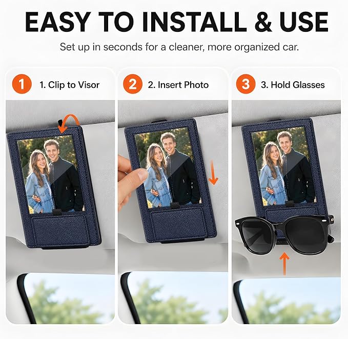 2-in-1 Car Visor Sunglasses & Photo Holder, Magnetic PU Leather Glasses Clip with Picture Display Slot, Universal Sun Visor Organizer for Eyeglasses, Personalized Cards & Memories, Navy - Image 4