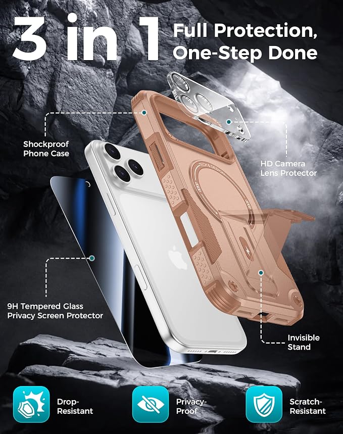 Goton 3 in 1 for iPhone 17 Pro Case with Privacy Screen Protector | Glass Camera Lens Protector,Compatible for MagSafe,Invisible Kickstand, Shockproof Phone Cover for iPhone 17Pro - Image 3